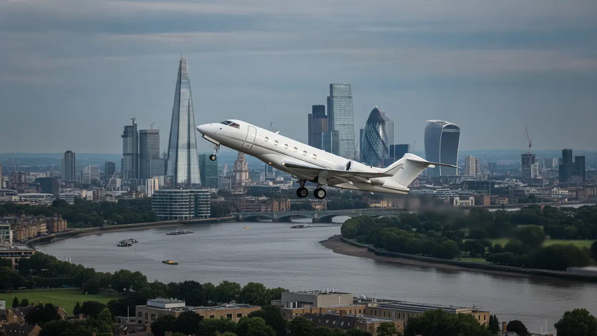 Private jet charter London Private jet charter London: business jet taking off with London in the background