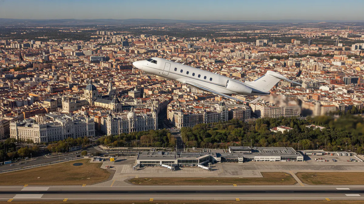Private jet charter Madrid: business jet taking off with Madrid in the background