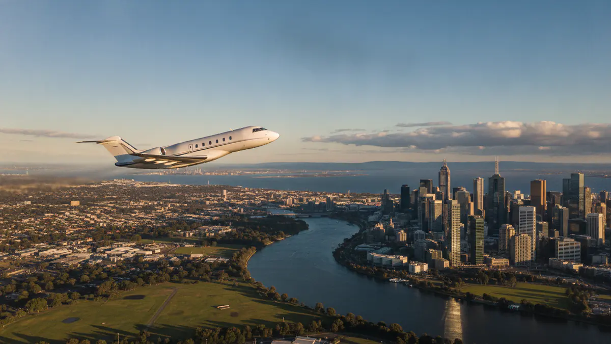 Private jet charter Melbourne Private jet charter Melbourne: business jet taking off with Melbourne in the background