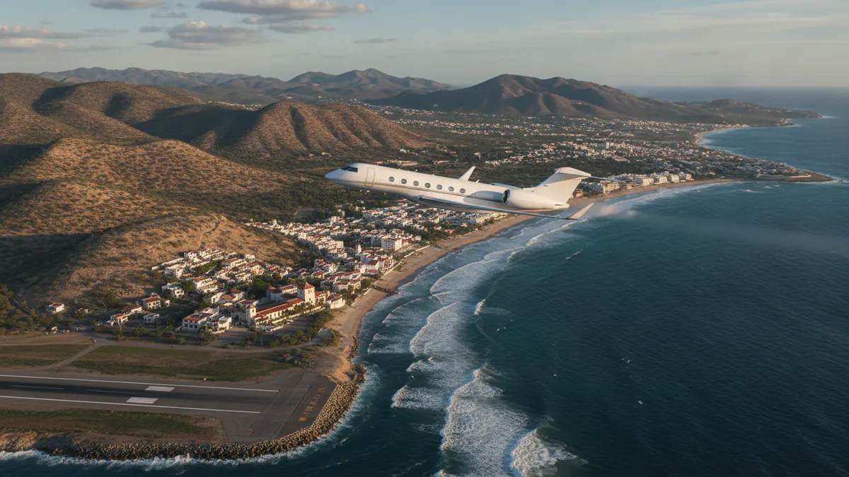 Private jet charter Mexico: business jet taking off with Mexico in the background