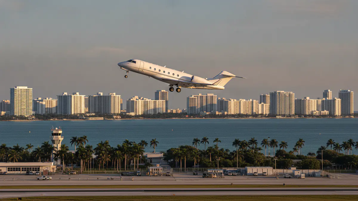 Private jet charter Miami: business jet taking off with Miami in the background