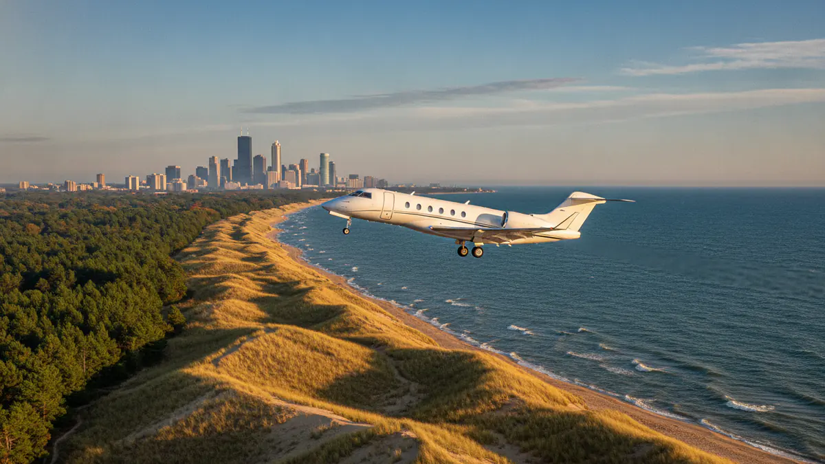 Private jet charter Michigan Private jet charter Michigan: business jet taking off with Michigan in the background