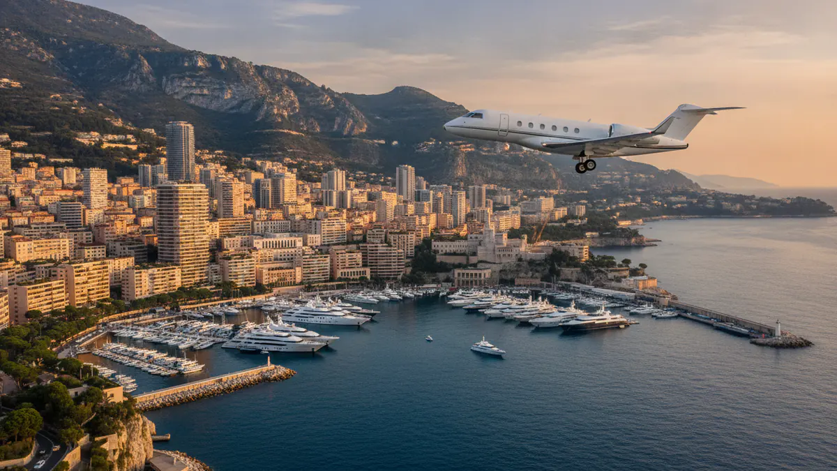 Private jet charter Monaco Private jet charter Monaco: business jet taking off with Monaco in the background