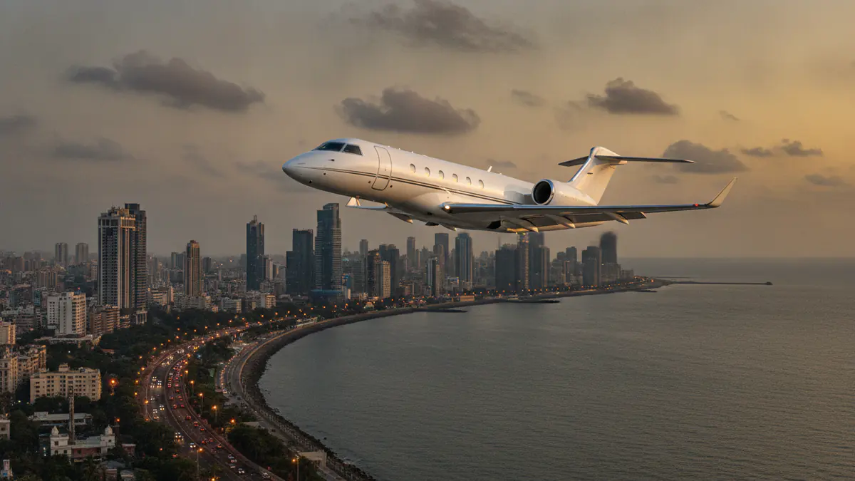 Private jet charter Mumbai: business jet taking off with Mumbai in the background