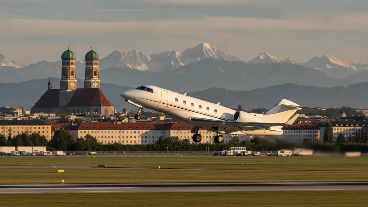 Private jet charter Munich Private jet charter Munich: business jet taking off with Munich in the background