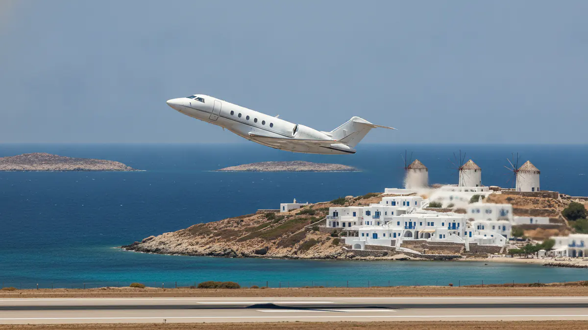 Private jet charter Mykonos Private jet charter Mykonos: business jet taking off with Mykonos in the background