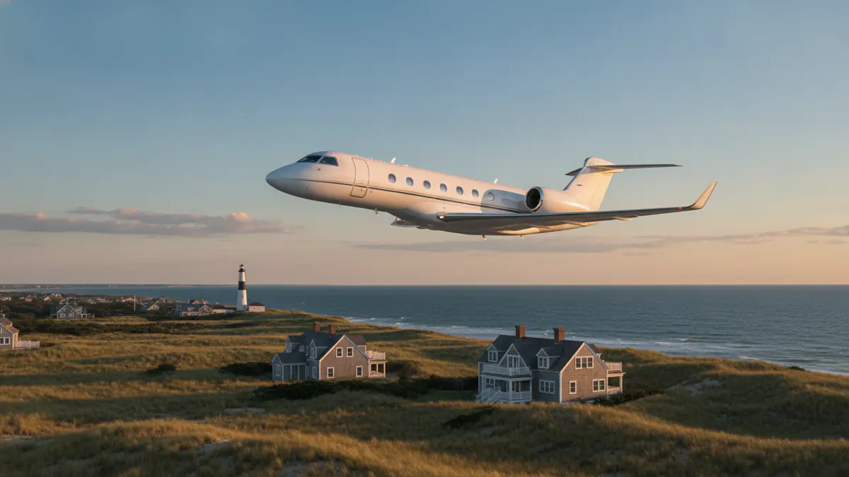 Private jet charter Nantucket: business jet taking off with Nantucket in the background