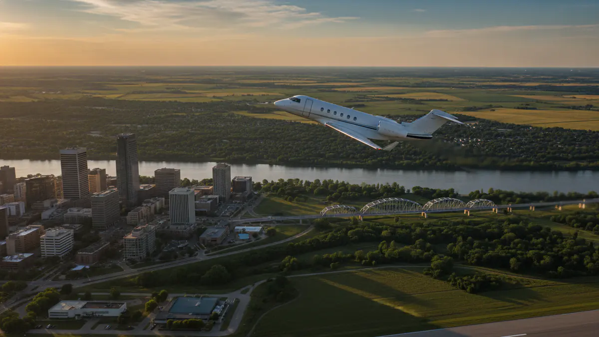 Private jet charter Omaha Private jet charter Omaha: business jet taking off with Omaha in the background