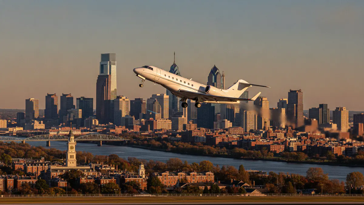 Private jet charter Philadelphia Private jet charter Philadelphia: business jet taking off with Philadelphia in the background