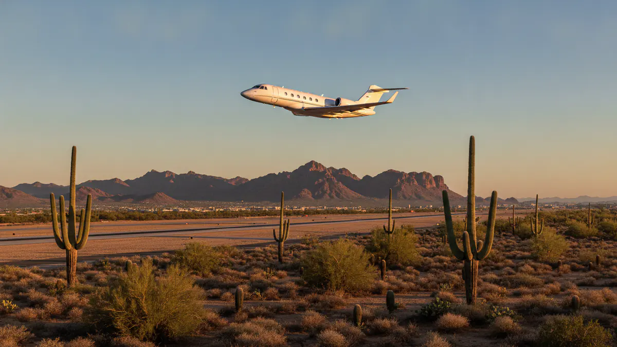Private jet charter Phoenix Private jet charter Phoenix: business jet taking off with Phoenix in the background