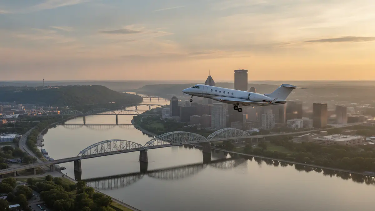 Private jet charter Pittsburgh: business jet taking off with Pittsburgh in the background