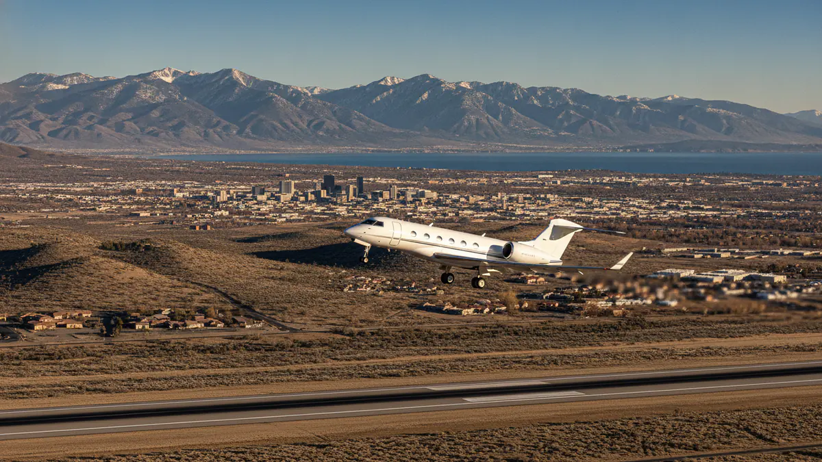 Private jet charter Reno: business jet taking off with Reno in the background
