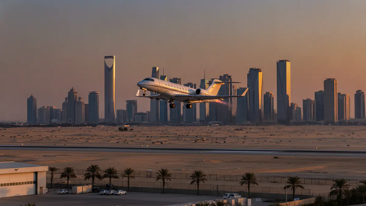 Private jet charter Riyadh Private jet charter Riyadh: business jet taking off with Riyadh in the background