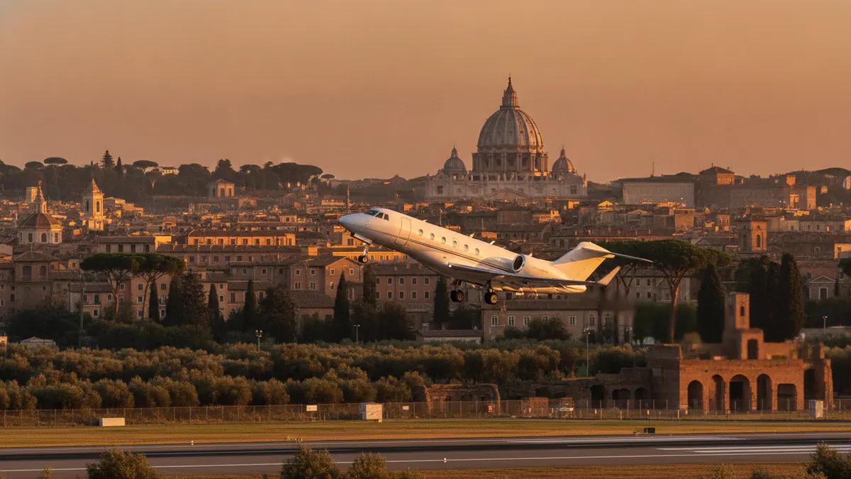 Private jet charter Rome Private jet charter Rome: business jet taking off with Rome in the background