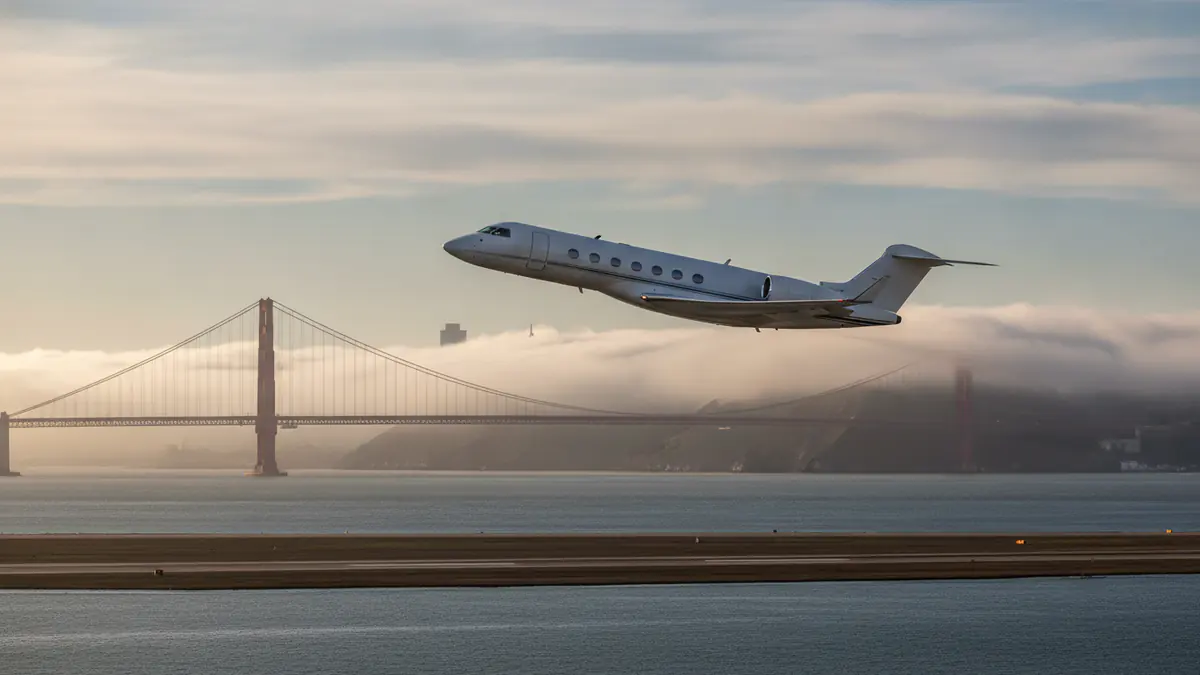 Private jet charter San Francisco Private jet charter San Francisco: business jet taking off with San Francisco in the background