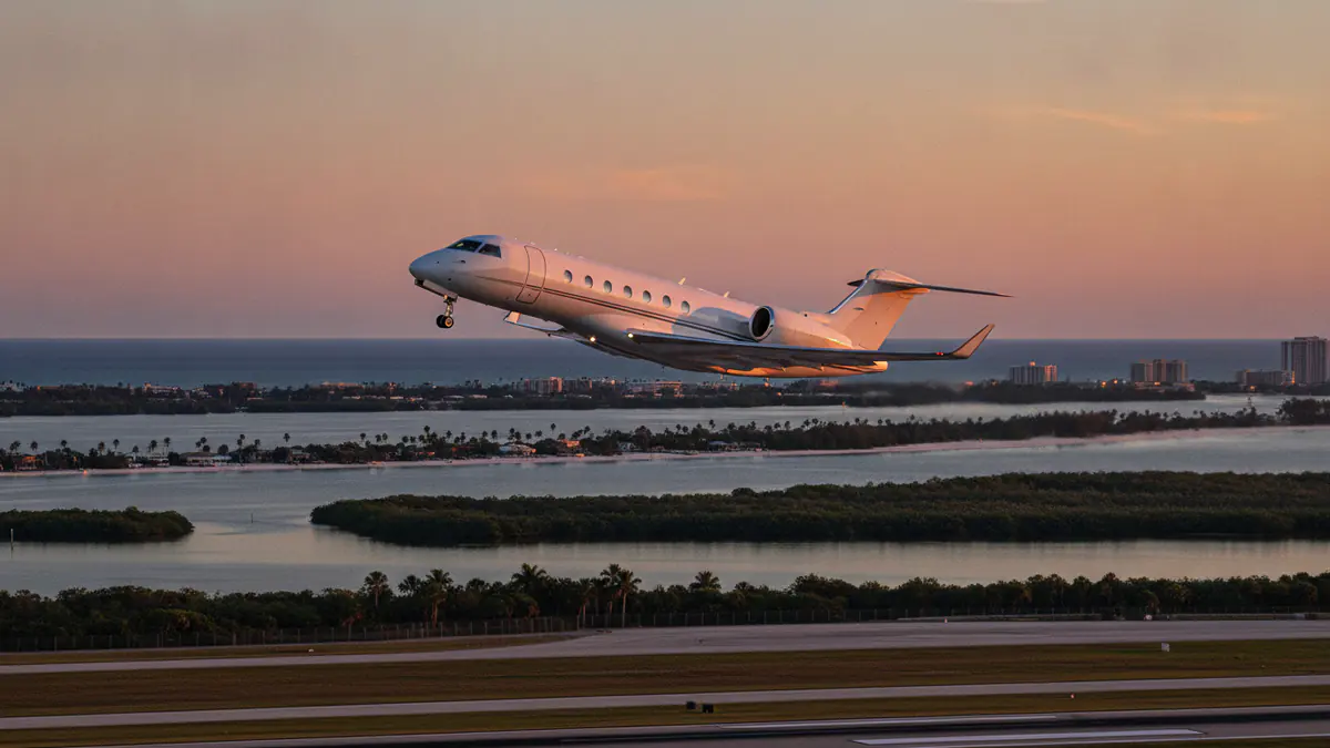 Private jet charter Sarasota Private jet charter Sarasota: business jet taking off with Sarasota in the background