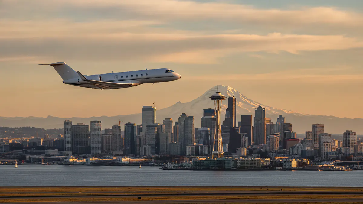 Private jet charter Seattle Private jet charter Seattle: business jet taking off with Seattle in the background
