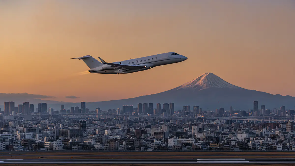 Private jet charter Tokyo: business jet taking off with Tokyo in the background