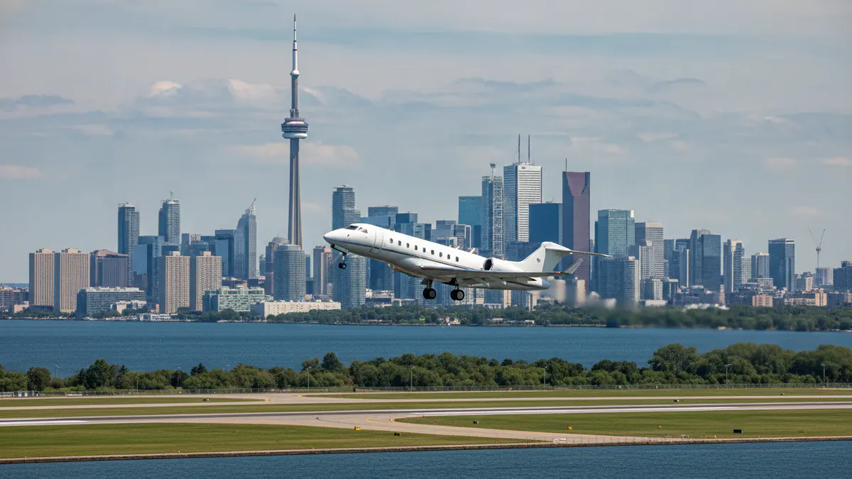 Private jet charter Toronto: business jet taking off with Toronto in the background