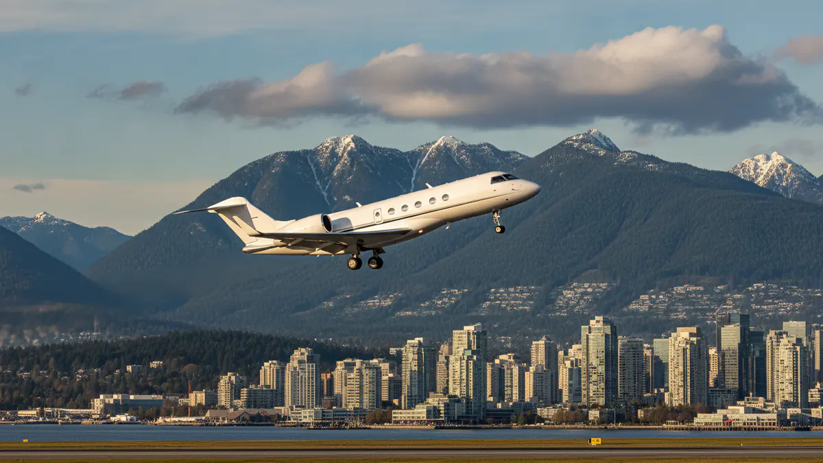Private jet charter Vancouver: business jet taking off with Vancouver in the background