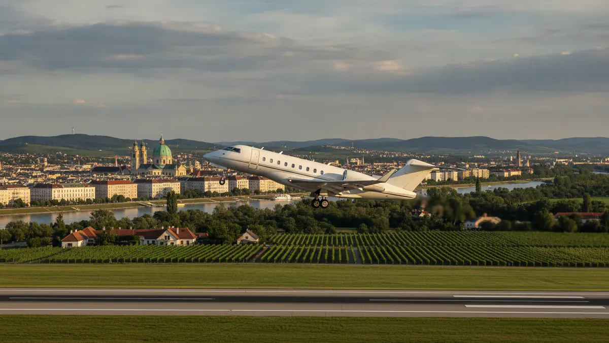 Private jet charter Vienna: business jet taking off with Vienna in the background