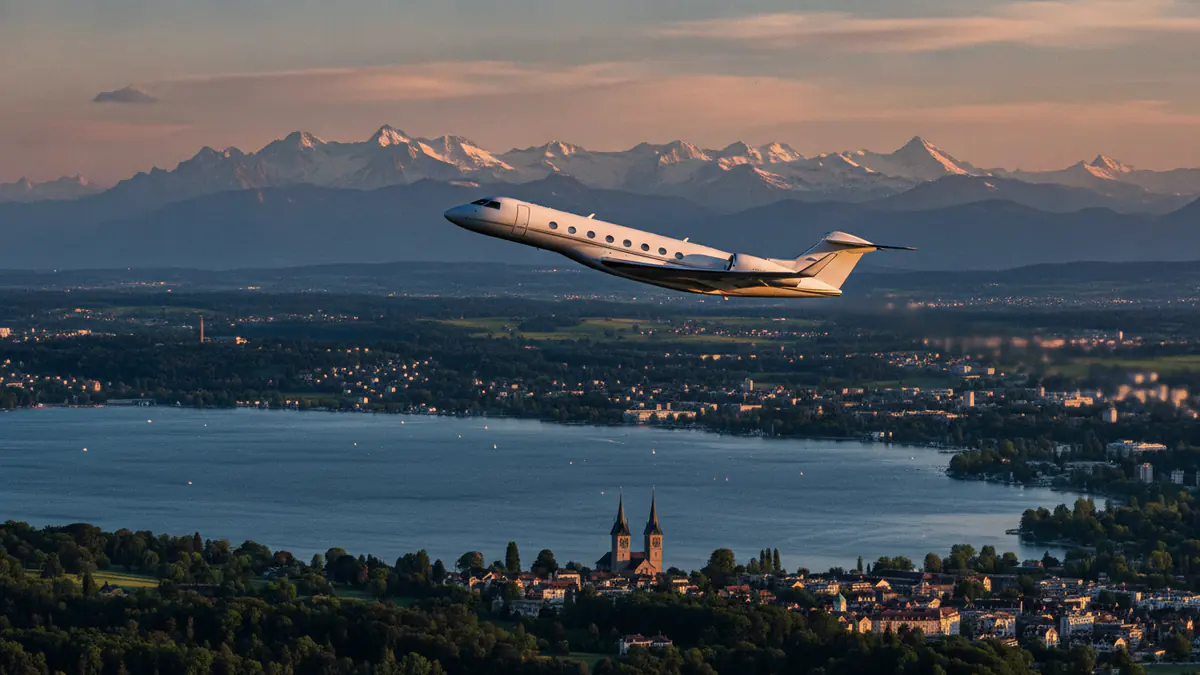 Private jet charter Zurich Private jet charter Zurich: business jet taking off with Zurich in the background