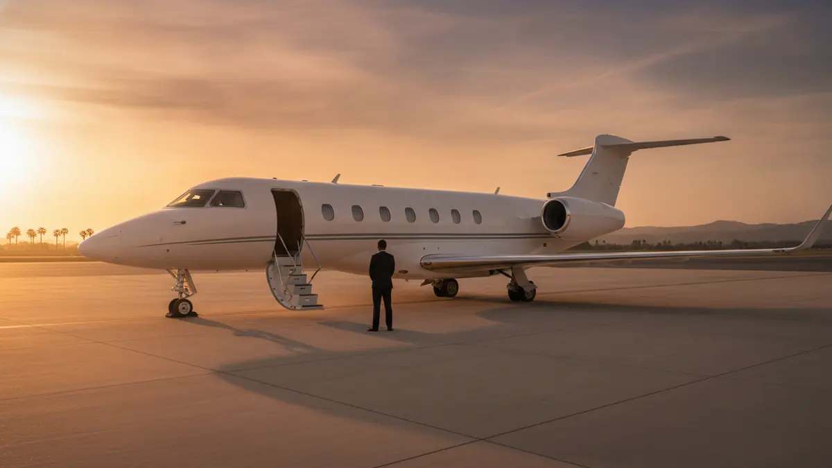 Private jet charter Private jet charter: business jet with airstairs down on a quiet apron at golden hour
