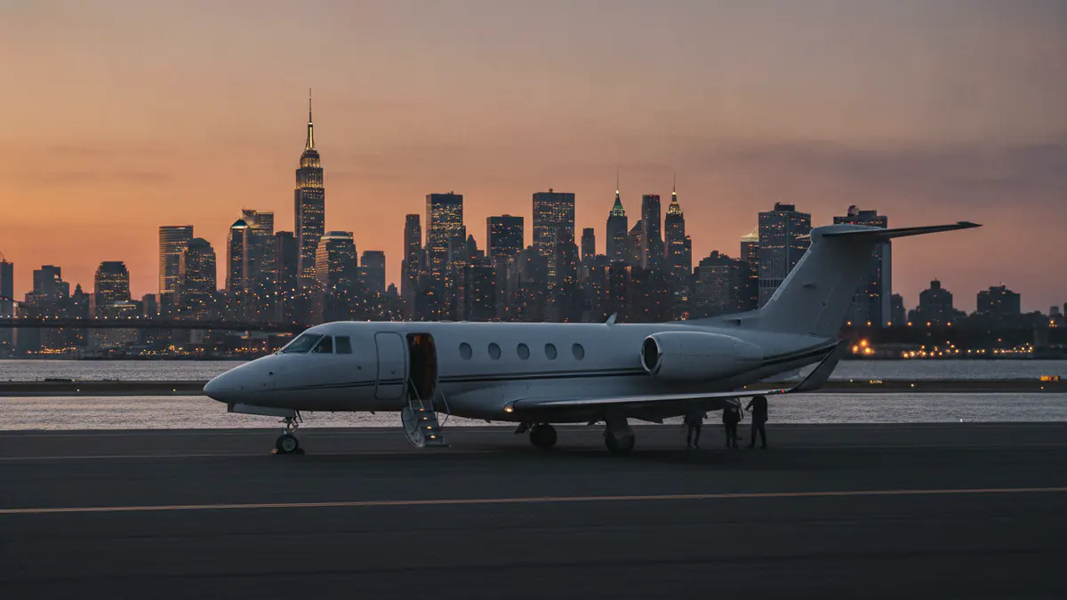 Private jet Chicago to New York: business jet at dusk with the Manhattan skyline behind