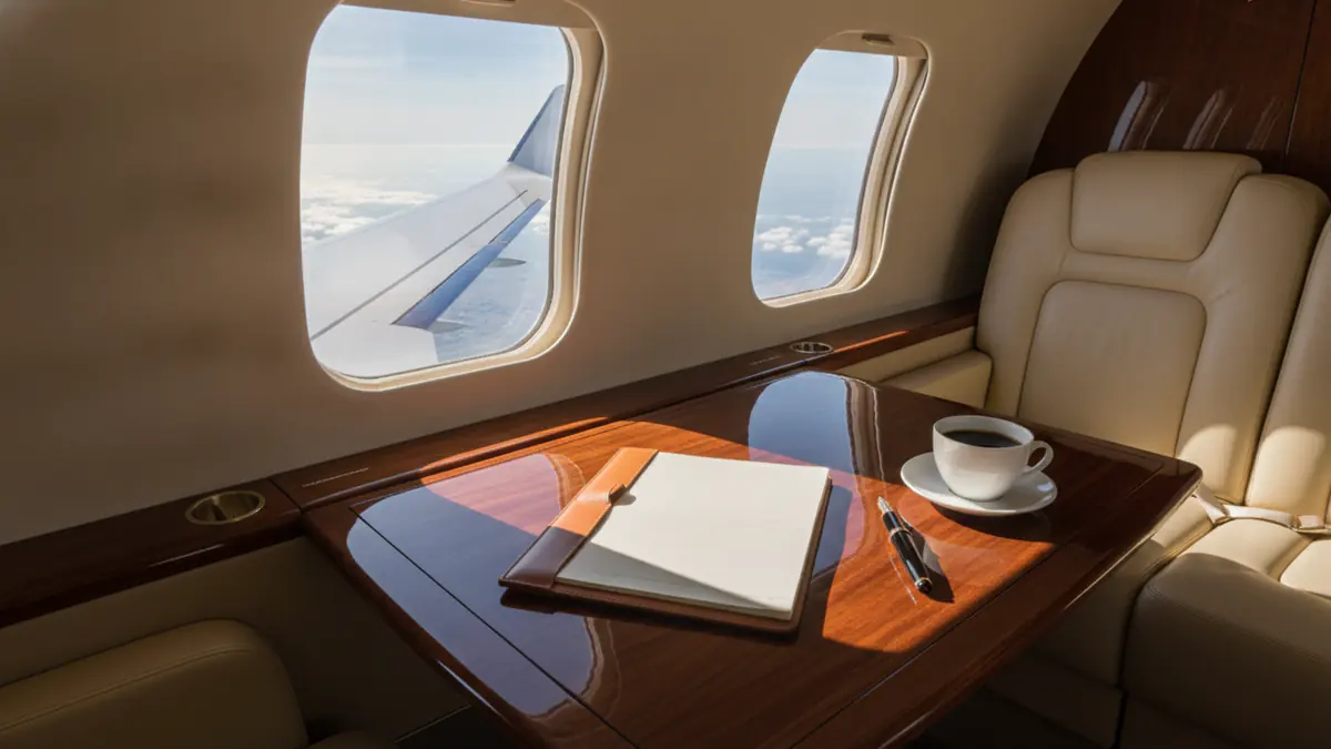 Private jet cost: business jet cabin table with a folio and coffee