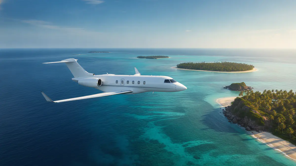 Private jet destinations: business jet flying over a sunlit coastline