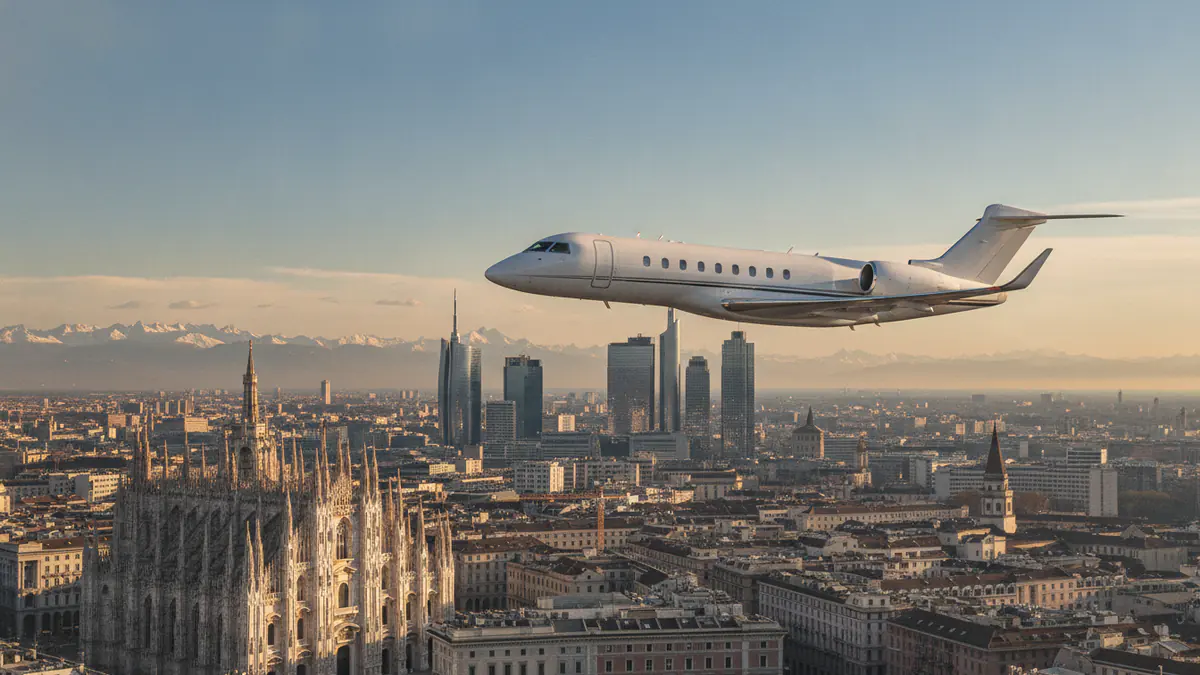 Private jet Dubai to Milan Private jet Dubai to Milan: super midsize jet descending towards Milan