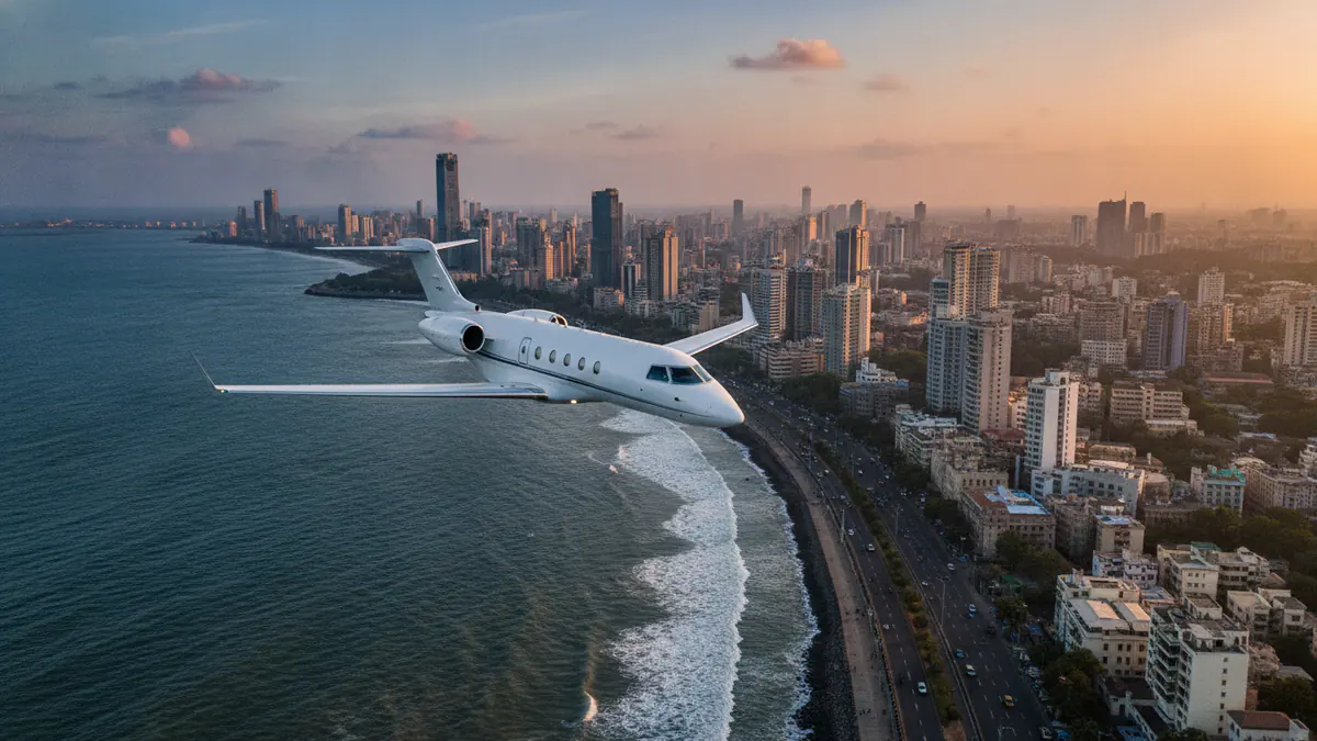 Private jet Dubai to Mumbai Private jet Dubai to Mumbai: light jet descending towards Mumbai