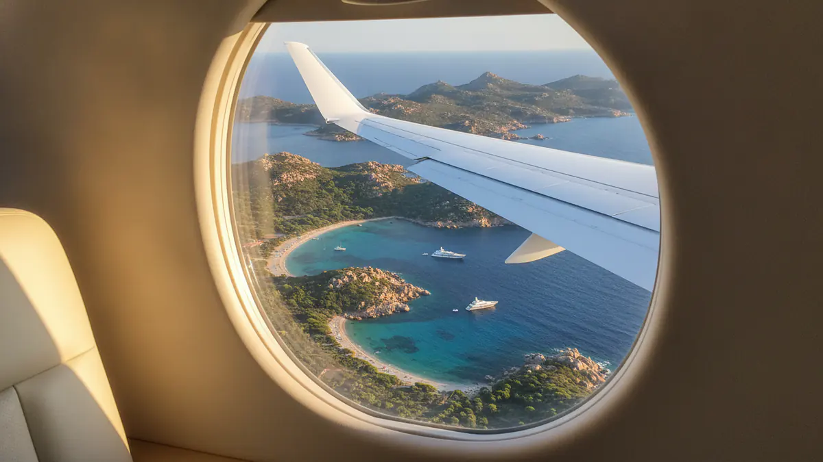 Private jet Geneva to Olbia Private jet Geneva to Olbia: cabin window view on approach to Olbia