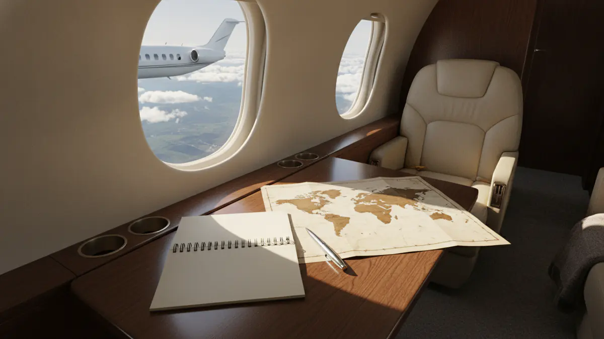 Private jet guides: notebook and map on a business jet cabin table