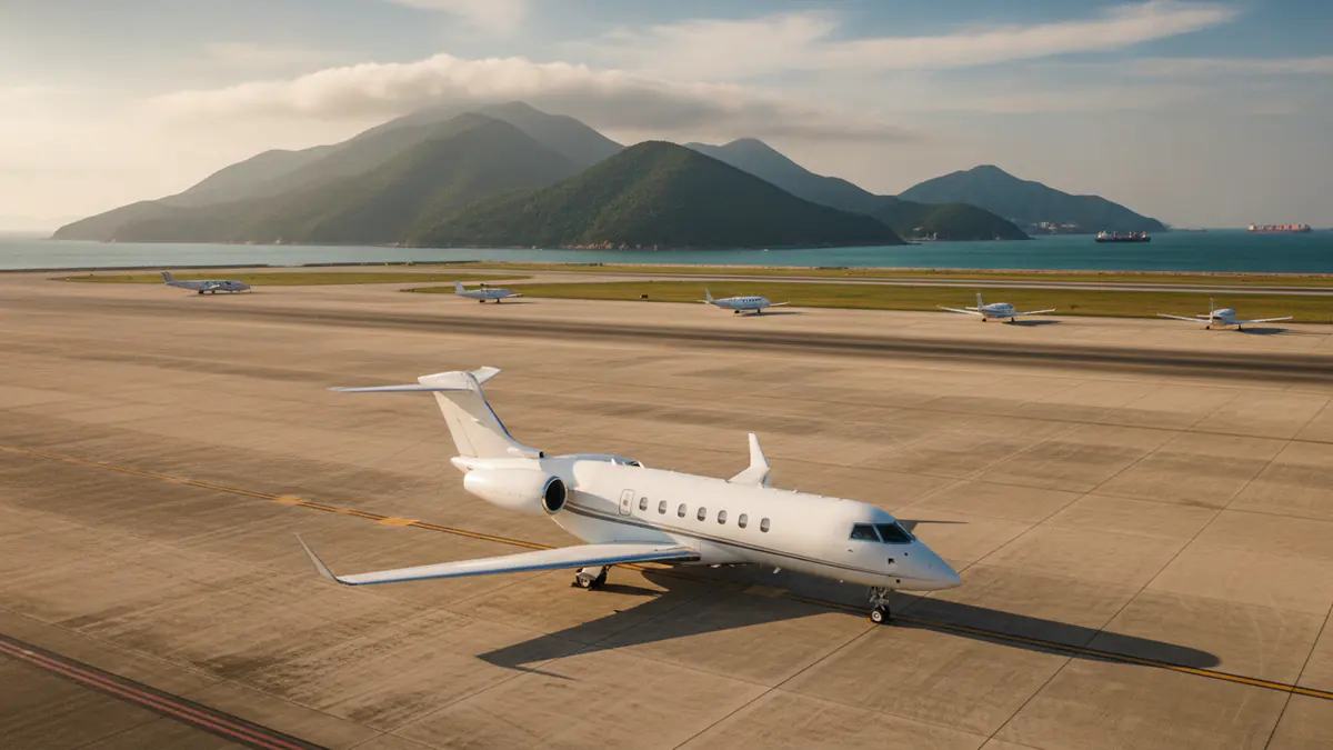 Private jet Hong Kong airport: business jet on the apron at Hong Kong