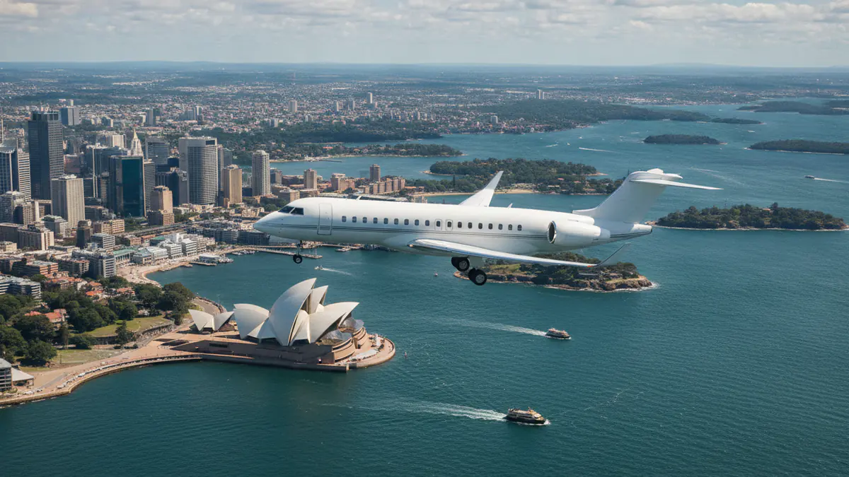 Private jet Hong Kong to Sydney Private jet Hong Kong to Sydney: heavy jet descending towards Sydney