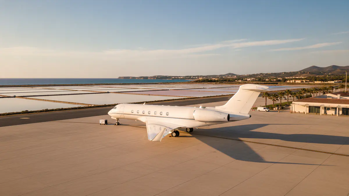 Private jet Ibiza airport: business jet on the apron at Ibiza
