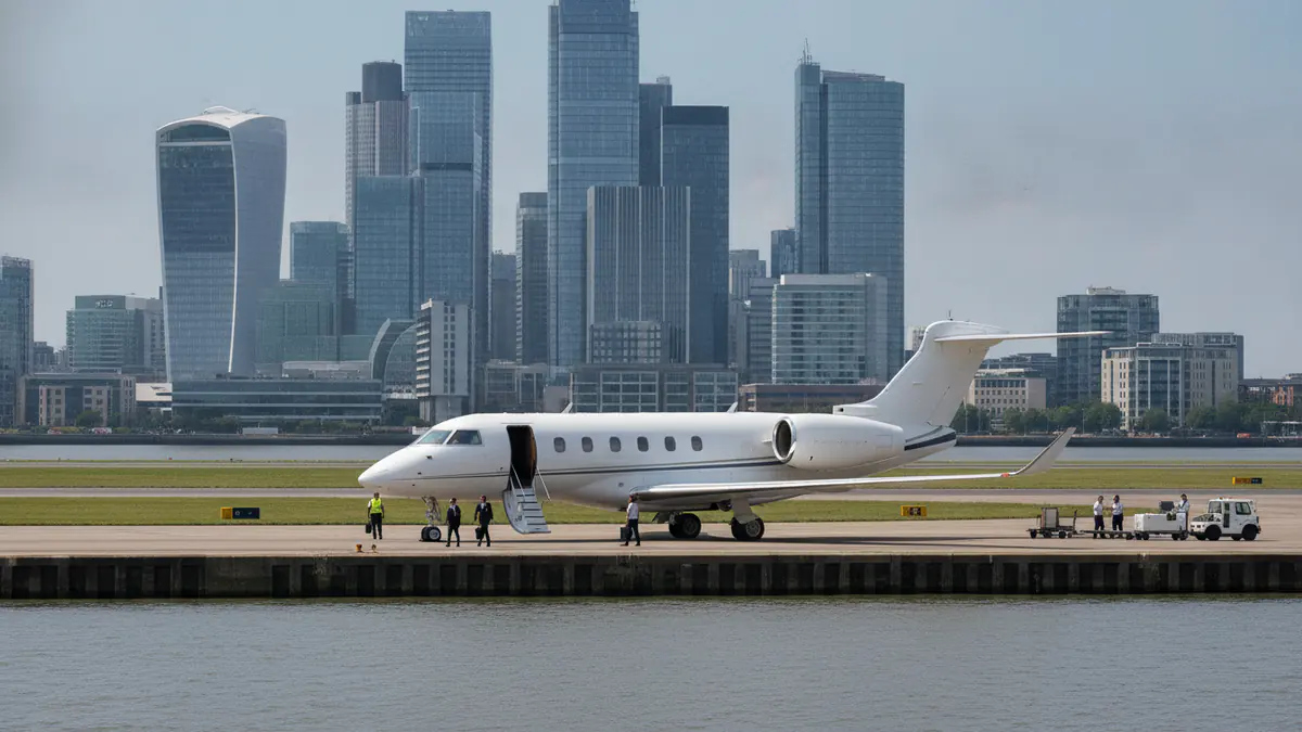 Private jet London City airport: business jet on the apron at London City