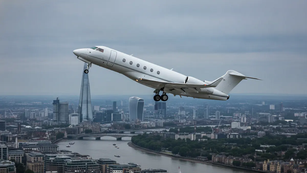 Private jet London to Boston: super midsize jet climbing out of London