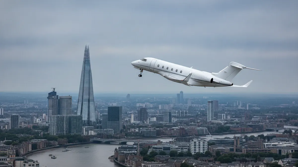 Private jet London to Dubai: super midsize jet climbing out of London