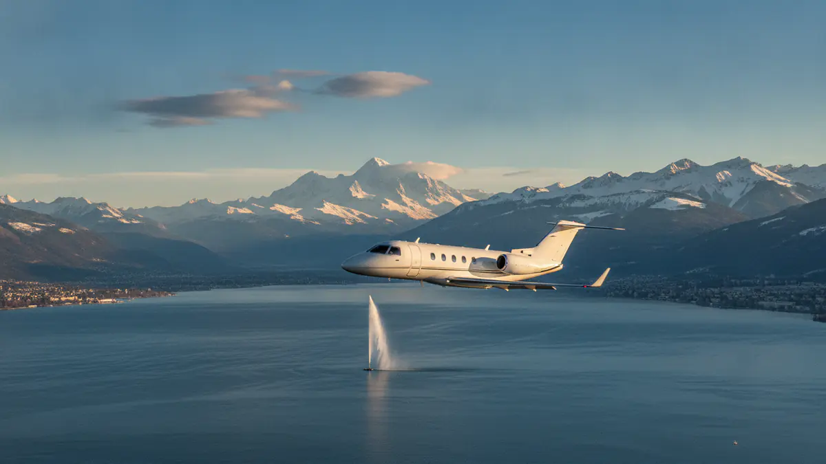 Private jet London to Geneva: light jet descending towards Geneva