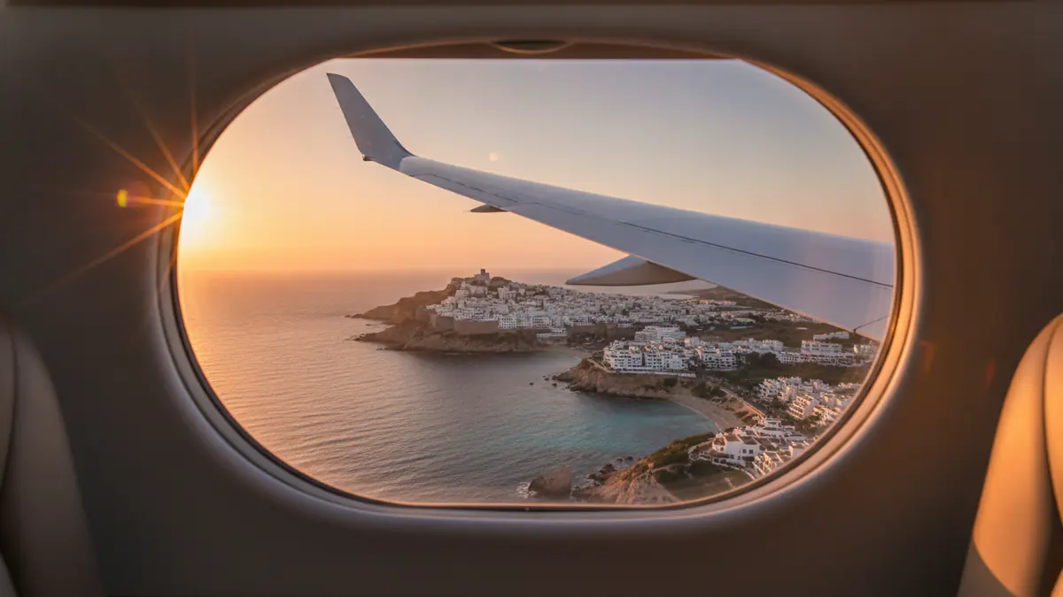 Private jet London to Ibiza Private jet London to Ibiza: cabin window view on approach to Ibiza