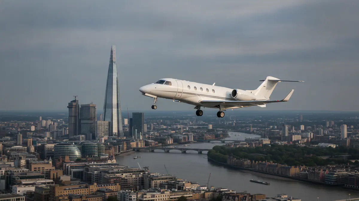 Private jet London to Madrid: light jet climbing out of London