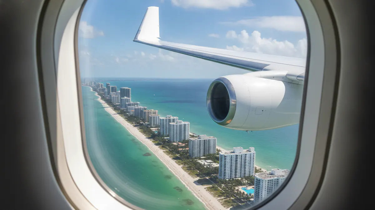 Private jet London to Miami: cabin window view on approach to Miami