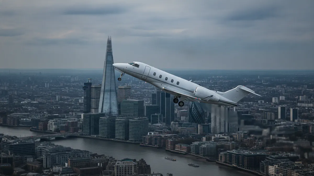 Private jet London to Milan: light jet climbing out of London