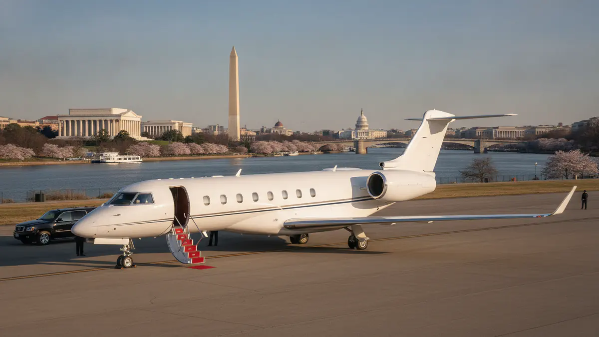 Private jet London to Washington dc Private jet London to Washington dc: super midsize jet on arrival in Washington, D.C.