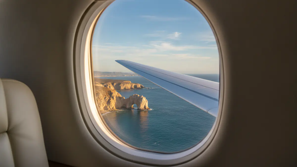 Private jet Los Angeles to Cabo San Lucas: cabin window view on approach to Cabo San Lucas
