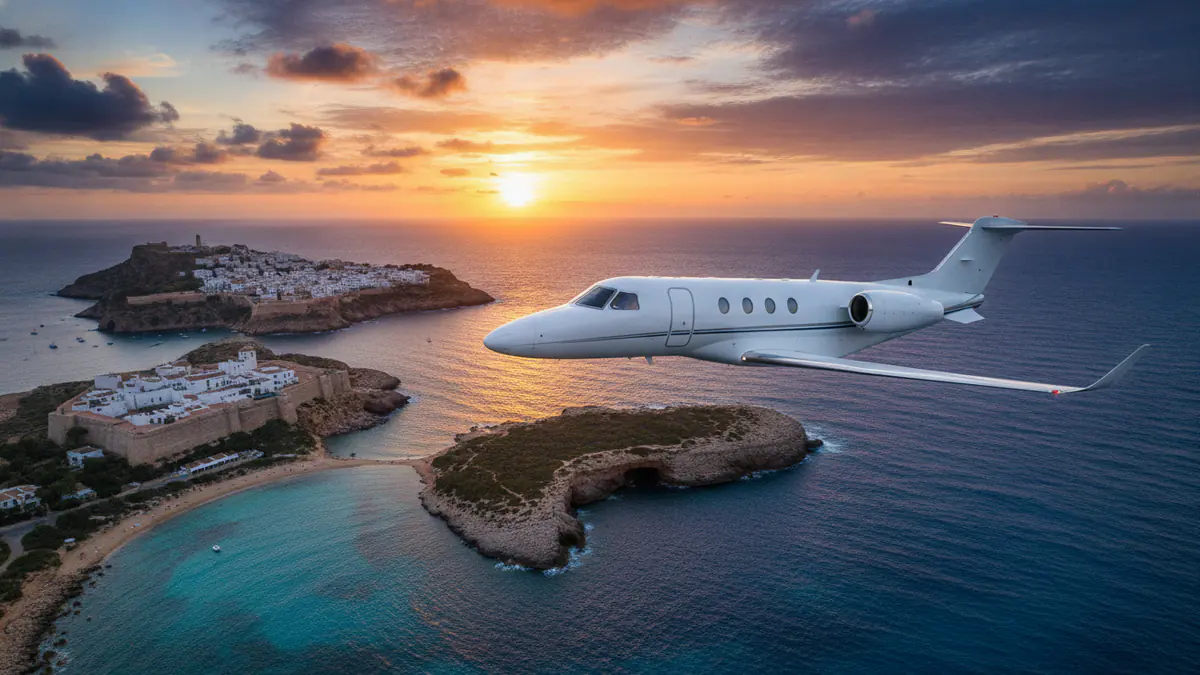Private jet Madrid to Ibiza Private jet Madrid to Ibiza: light jet descending towards Ibiza