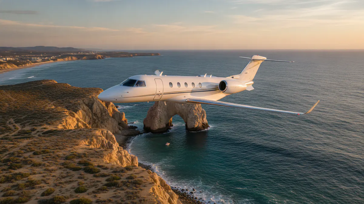 Private jet Miami to Cabo San Lucas: light jet descending towards Cabo San Lucas