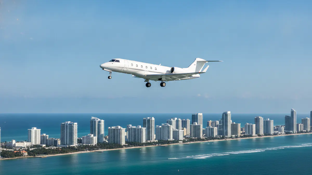 Private jet Miami to Los Angeles Private jet Miami to Los Angeles: midsize jet climbing out of Miami
